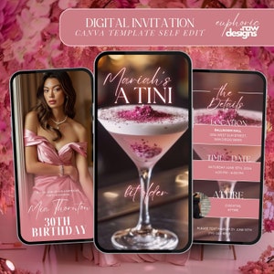 May include: A digital invitation for a 30th birthday party. The invitation features a pink background with a photo of a woman in a pink dress, a cocktail glass, and text that says "Mariah's A Tini" and "Mea Thornton 30th Birthday". The invitation also includes details about the party, such as the location, time, and date.