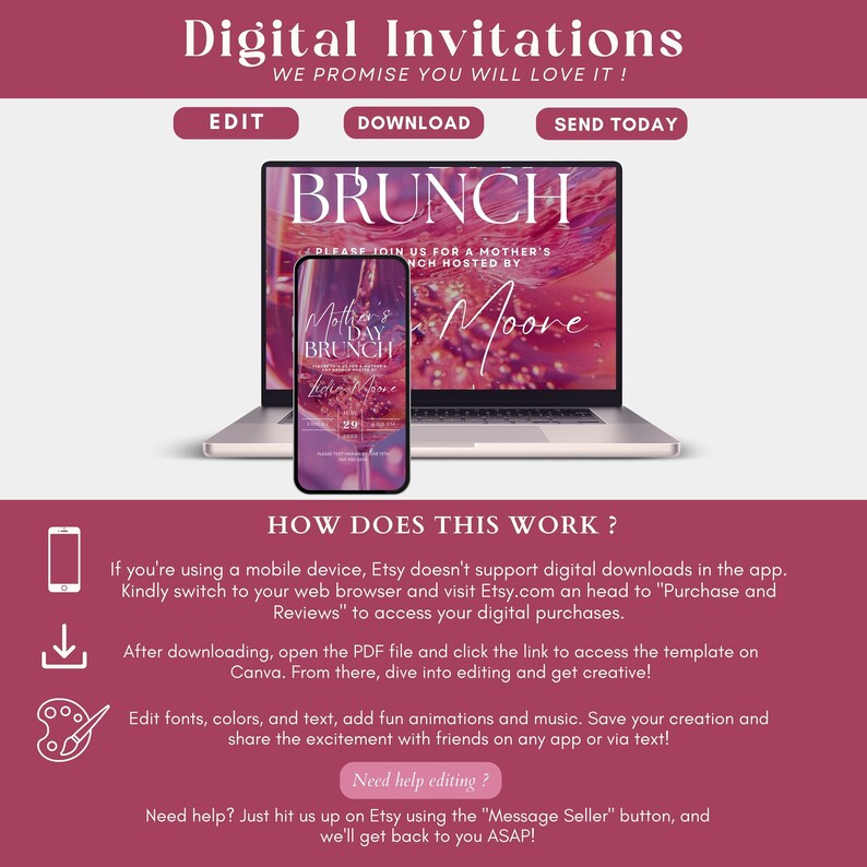 K&ouml;nnte beinhalten: Eine digitale Einladungsvorlage f&uuml;r einen Muttertagsbrunch. Die Vorlage hat einen rosa und wei&szlig;en Hintergrund mit einem Glas Champagner und dem Text "Muttertagsbrunch" in goldener Schrift. Die Vorlage ist so konzipiert, dass sie mit Canva bearbeitet und personalisiert werden kann.