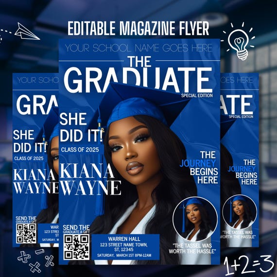 2026 Graduation Invite Magazine Style, Blue DIY Editable Flyer Template, Graduation Celebration Canva Printable