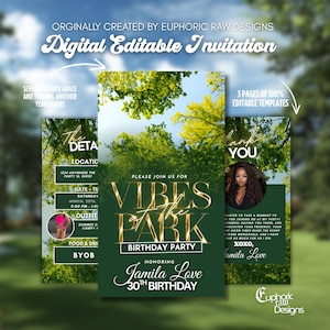 May include: Digital editable invitation with a green and gold theme. The invitation includes details for a birthday party, with the text "Vibes in the Park" and "Jamila Love 30th Birthday". The design includes editable templates.