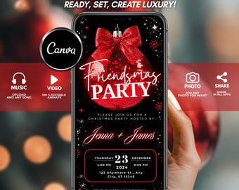 May include: A smartphone displays a Christmas party invitation template. The design features a red ornament with the text "Friendsmas PARTY" and event details. The Canva logo is visible, along with options for music, video, photo, and sharing.