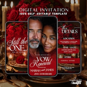 May include: Digital invitation for a vow renewal ceremony with a red and gold color scheme. The invitation features a couple's photo, the text "Still the One..." and the date "09.20.2025". The invitation also includes the details of the event, such as the location, time, and attire.