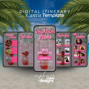 Birthday Weekend Itinerary Invitation, Pink Girls Trip Itinerary, Animated Travel, Planner Template