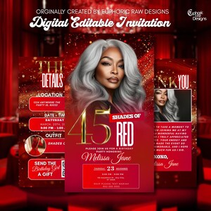 May include: Digital invitation for a birthday party, featuring a portrait of a woman with silver hair. The invitation is red with gold accents and includes details such as date, time, and location. The theme is "45 Shades of Red."