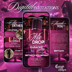 Karaoke Party Birthday Invitation, Animated Karaoke Night Invite, Digital Singing Musical Birthday Evite, Girls Night, Editable DIY Template