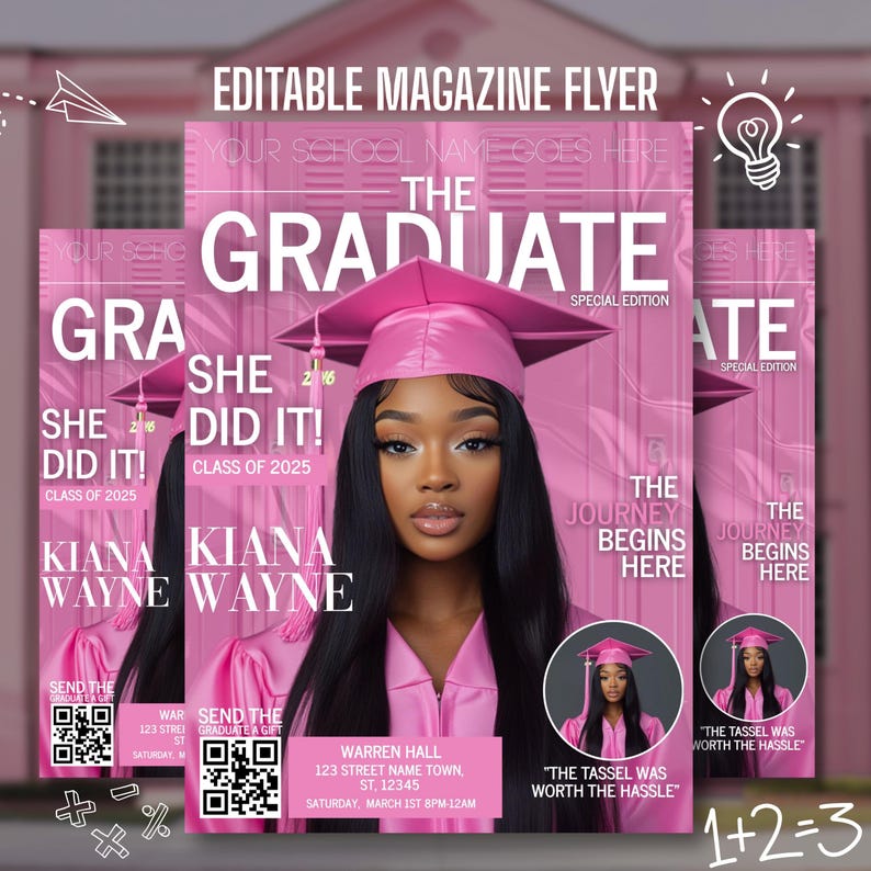 Op de afbeelding: Een roze en witte magazinecover met de tekst "The Graduate" en "Special Edition". De cover toont een foto van een jonge vrouw die een roze afstudeerpet en -jurk draagt. De tekst "She Did It! Class of 2025" staat ook op de cover.