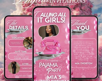 Plantilla de invitación para fiesta de pijamas rosa, invitación editable para fiesta de pijamas de niñas, plantilla digital para noche de chicas, descarga instantánea