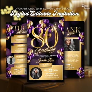 Luxury Purple and Gold 80th Birthday Invitation, Glam Editable Canva Template, Digital Dinner Party Flyer Birthday Invite, Save the Date