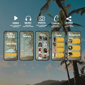 May include: A digital invitation design featuring a tropical theme with palm trees and a blue sky. The invitation includes details for a birthday weekend in Honolulu, Hawaii, with editable video, music, and photo options.