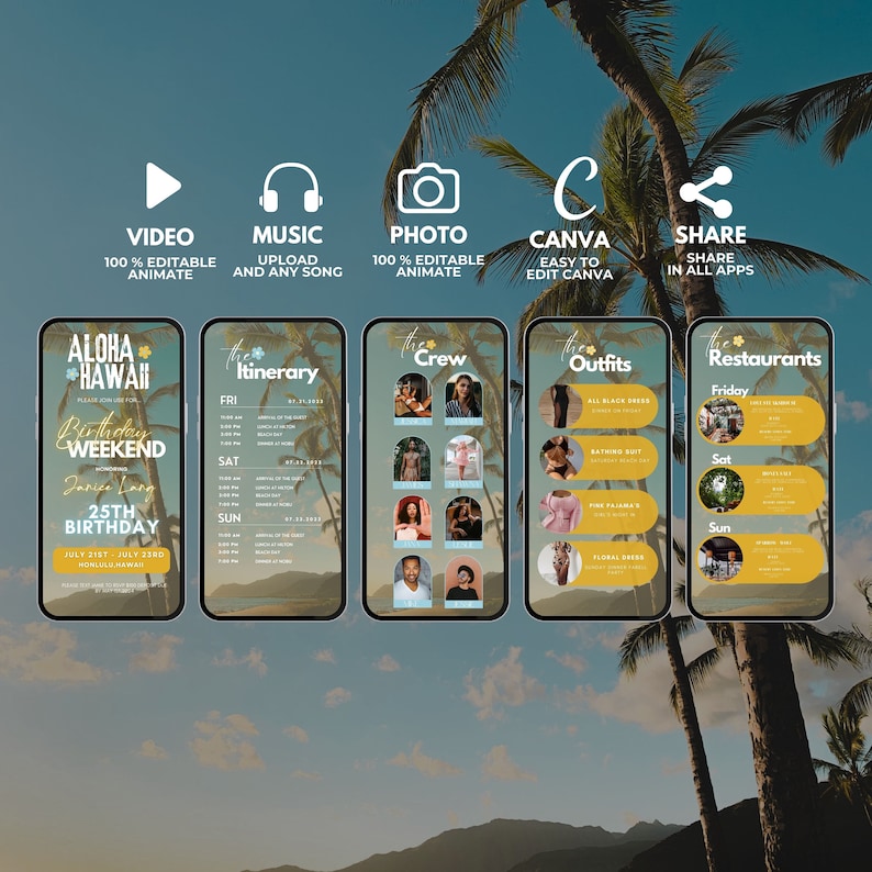 May include: A digital invitation design featuring a tropical theme with palm trees and a blue sky. The invitation includes details for a birthday weekend in Honolulu, Hawaii, with editable video, music, and photo options.