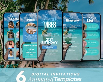 May include: Six digital invitations with animated templates for a 21st birthday trip to Mexico. The invitations feature a beach theme with a blue and white colour scheme. The text on the invitations includes the birthday girl's name, the date of the trip, and the location. The invitations also include a packing list, an itinerary, and travel details.