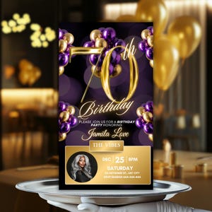 Luxury Purple and Gold 70th Birthday Invitation, Glam Editable Canva Template, Digital Dinner Party Flyer Birthday Invite, Save the Date