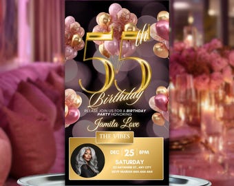 Animated 55th Birthday Invitation for Women, Rose Gold & Pink Digital Brunch Flyer, 55th Dinner Evite, Editable DIY Template Itinerary
