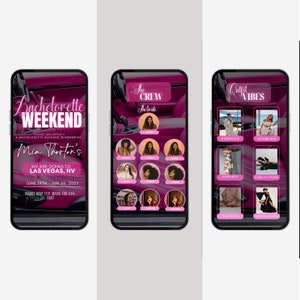 K&ouml;nnte beinhalten: Drei Smartphones mit einem Junggesellinnenabschied-Thema. Das erste Telefon zeigt Eventdetails: "Bachelorette Weekend" in Pink, Ort Las Vegas und Daten 19.-24. Juni. Das zweite Telefon zeigt "The Crew" mit Fotos. Das dritte Telefon zeigt Outfit-Ideen.
