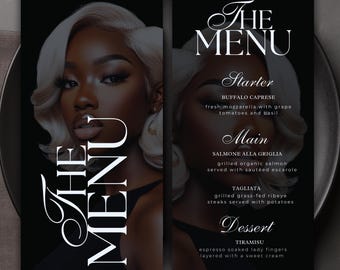 May include: Black and white menu card for a 30th birthday celebration. The menu features a portrait of a woman with blonde hair and the text "The Menu". The menu includes starters, main courses, and desserts.