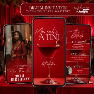 Könnte beinhalten: Eine digitale Einladung zu einer 30. Geburtstagsfeier mit rotem Hintergrund und einem Martini-Glas. Der Text lautet "Mariah's A Tini Bit Older" und enthält Details zur Veranstaltung, einschließlich Ort, Zeit und Datum. Die Einladung beinhaltet auch ein Cowgirl-Thema.