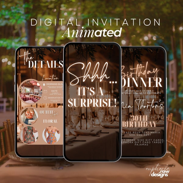 Surprise Birthday Dinner Invitation Digital Party Invite Video For Her or Him Editable Canva Template. Send By Phone, Surprise Party Invite