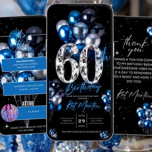 Uitnodiging voor 60e verjaardagsfeestje, blauw zilveren ballonnen digitale 60e glamourdiner uitnodigingssjabloon, Diamond Video bewerkbare brunchroute