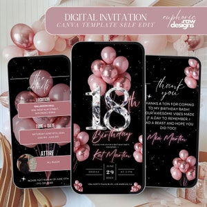 Faire-part de fête d'anniversaire 18e, modèle d'invitation de dîner glam numérique rose blush 18e, 18e invitation diamant vidéo itinéraire de brunch modifiable