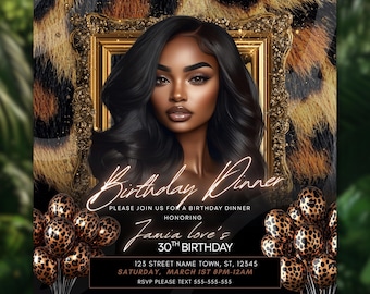 Elegant Leopard Birthday Dinner Invitation, Gold Birthday Party Invite, Editable Digital Video Invitation, Canva Template, Social Media Fly