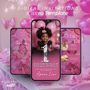 1st Birthday Butterfly Invitation, Birthday, First Birthday, Editable Template, Baby Party 1st Birthday, Rose Pink Neon, Princess Party