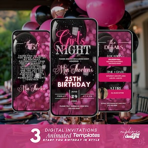 Digital Girl&#39;s Night Invitation, Animated Neon Hot Pink Birthday Invite, Bachelorette Party Evite, Editable Custom Itinerary Template