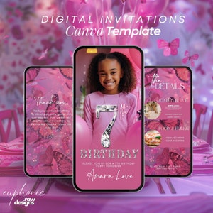 7th birthday party invitation, Neon Pink and Glitter Template, Seventh Birthday, Milestone invitation, Turning 7, Rose gold, Kid Birthday