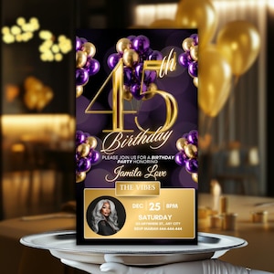 Luxury Purple and Gold 45th Birthday Invitation, Glam Editable Canva Template, Digital Dinner Party Flyer Birthday Invite, Save the Date