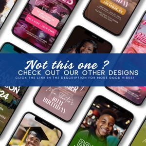 May include: A collection of smartphones displaying various event invitations. The invitations feature text such as "Olivia James" and "We are going to Nashville." A banner reads "Not this one? Check out our other designs."