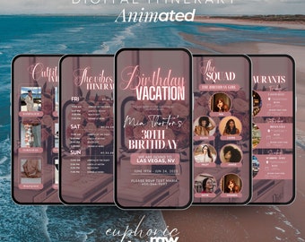 May include: A digital itinerary for a 30th birthday vacation to Las Vegas. The itinerary includes a list of outfits, activities, restaurants, and the names of the birthday girl's friends. The background is a beach scene with blue water and white sand.