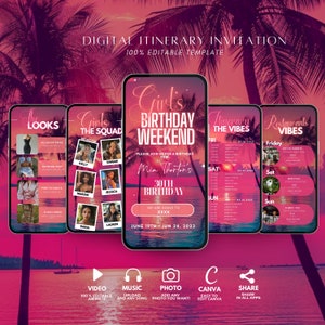Girls Trip itinerary, itinerary template,  travel itineray, Birthday Weekend Invitation, Weekend Itinerary, Digital Schedule