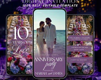 Anniversary Party Invitation Wedding, Digital Elegant Vow Renewal, 20th, 40th, 50th Anniversary Editable Save the Date Template Evite