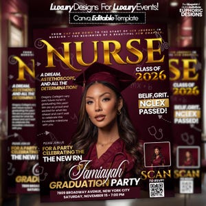 May include: A graduation announcement template with a photo of a woman in a graduation cap and gown. The design features the word "NURSE" in gold, the text "Class of 2026", and details for a graduation party.