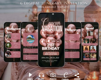 Digitale Cancun-Mädchenreise, Geburtstagseinladung, Wochenendausflug nach Mexiko, neonpinker Reiseplan, bearbeitbare Vorlage