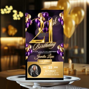 Luxury Purple and Gold 21st Birthday Invitation, Glam Editable Canva Template, Digital Dinner Party Flyer Birthday Invite, Save the Date