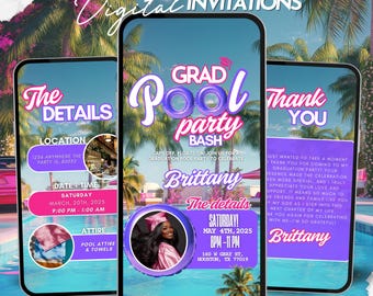Puede incluir: Una invitación digital para una fiesta de graduación en la piscina. La invitación presenta un tema de fiesta de piscina azul y morado con una foto de una mujer con una gorra y una bata de graduación. El texto de la invitación dice "Grad Pool Party Bash" e incluye la fecha, la hora y la ubicación de la fiesta. La invitación también incluye un mensaje de agradecimiento de la graduada.