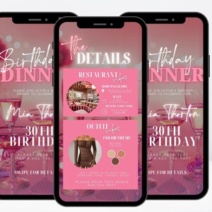 Op de afbeelding: Een roze en wit mobiel telefoonscherm met een uitnodiging voor een verjaardags diner. De uitnodiging bevat de naam van het restaurant "Morning Glory", de datum, tijd en RSVP-informatie. De uitnodiging bevat ook een suggestie voor een dresscode met een bruine off-the-shoulder jurk en een kleurenthema in neutrale tinten.