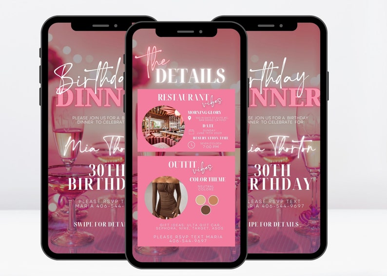 Op de afbeelding: Een roze en wit mobiel telefoonscherm met een uitnodiging voor een verjaardags diner. De uitnodiging bevat de naam van het restaurant "Morning Glory", de datum, tijd en RSVP-informatie. De uitnodiging bevat ook een suggestie voor een dresscode met een bruine off-the-shoulder jurk en een kleurenthema in neutrale tinten.
