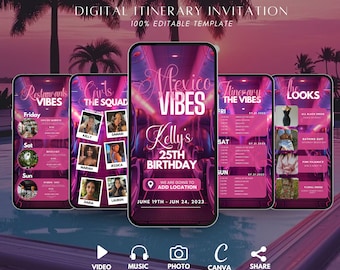 Digital Mexico Girl's Trip, Birthday Itinerary Invitation, Mexico Weekend Getaway, Neon Pink Travel Vacation Schedule, Editable Template