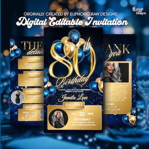 80th Birthday Invitation, Blue Gold Animated Evite, 80th Elegant Balloon Party Invite, DIY Editable Itinerary, Mobile Invite for Men Women