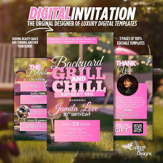 Birthday BBQ Grill & Chill, Backyard Barbecue Invitation, Animated Cookout Backyard, Digital Editable Template, Block Kickback Party Invite