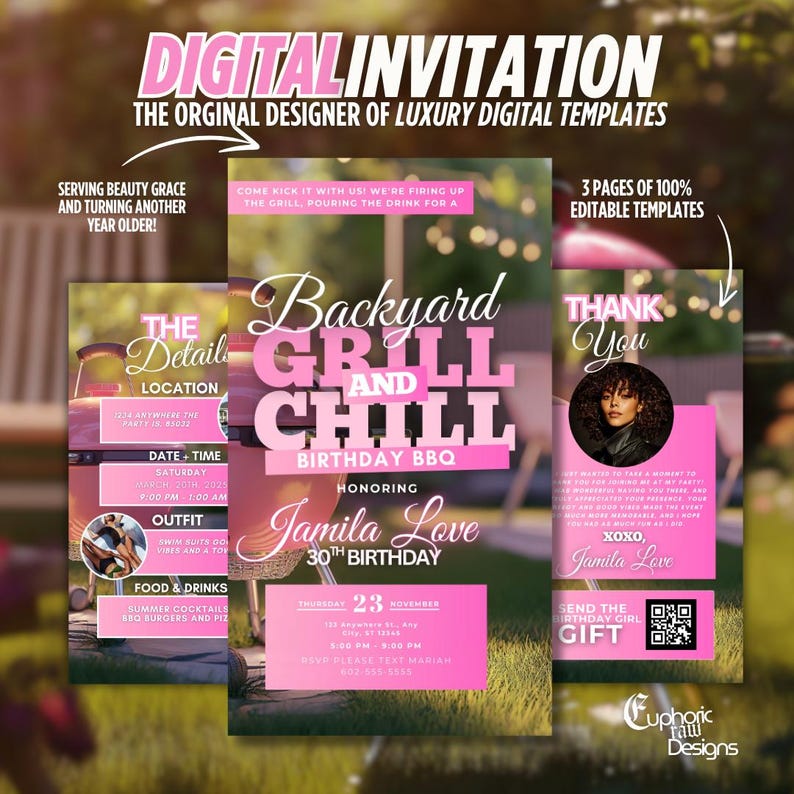 Pode incluir: Convite digital rosa e branco para um churrasco de anivers&aacute;rio "Grill and chill" no quintal. O convite apresenta um gr&aacute;fico rosa e branco de "Grill and chill", uma foto de uma mulher e o texto "Jamila Love 30th Birthday".