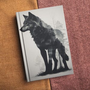 Peut inclure: Une illustration en noir et blanc d'un loup avec une scène de forêt superposée sur son corps. Le loup est debout sur un fond blanc.