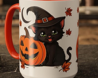 Halloween Black Cat Mug with Pumpkin,  Cat Lovers & Fall Coffee Moments