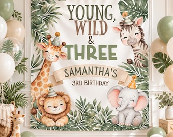 3rd Birthday Banner, Jungle Birthday, Safari Birthday Banner, Young Wild and Three, Personalized Gender Neutral Party Banner