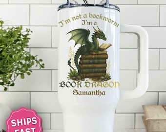 Book Dragon Tumbler 40oz 20oz, Book Lover Gift, Reading Dragon Cup, Fantasy Reader Tumbler, Bookish Gift for Her, Personalized Book Dragon