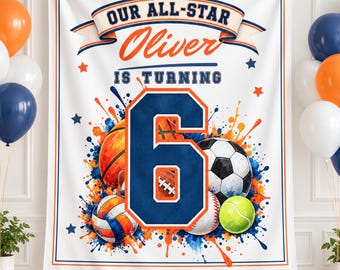 6th Birthday Sports Banner, All Star Birthday Backdrop, Personalized Boys Birthday Banner, Custom Age Party Decor, Girl Sports Birthday sign