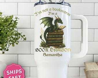 Book Dragon Tumbler 40oz 20oz, Book Lover Gift, Reading Dragon Cup, Fantasy Reader Tumbler, Bookish Gift for Her, Personalized Book Dragon