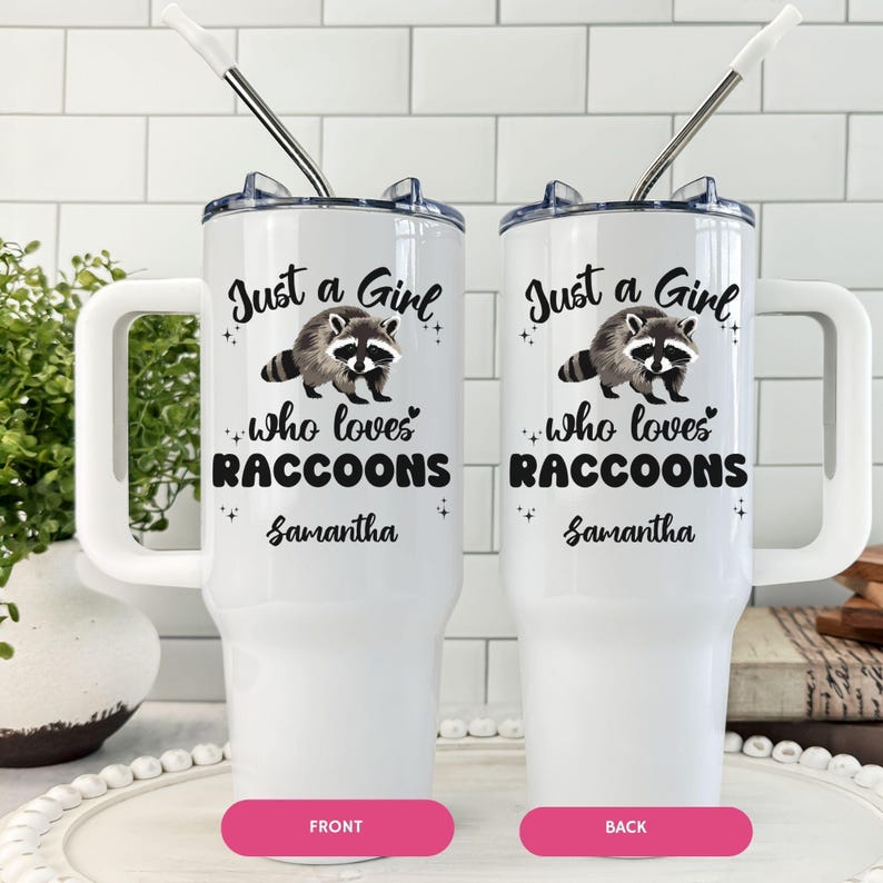 Personalized Raccoon tumbler, Custom Just a Girl Who Loves Raccoons Tumbler, Raccoon Tumbler with handle, Raccoon Lover Gift, Raccoon 40 oz image 2