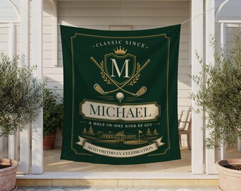 50th Birthday Banner, Classic Golf Crest Photo Backdrop, Hole In One Custom Party Sign, golf tournament gift